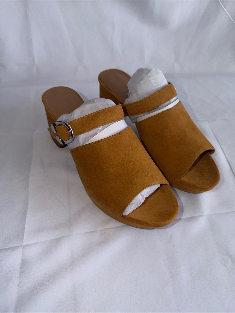 Suede Open-Toe Mule with Buckle Strap in Mustard